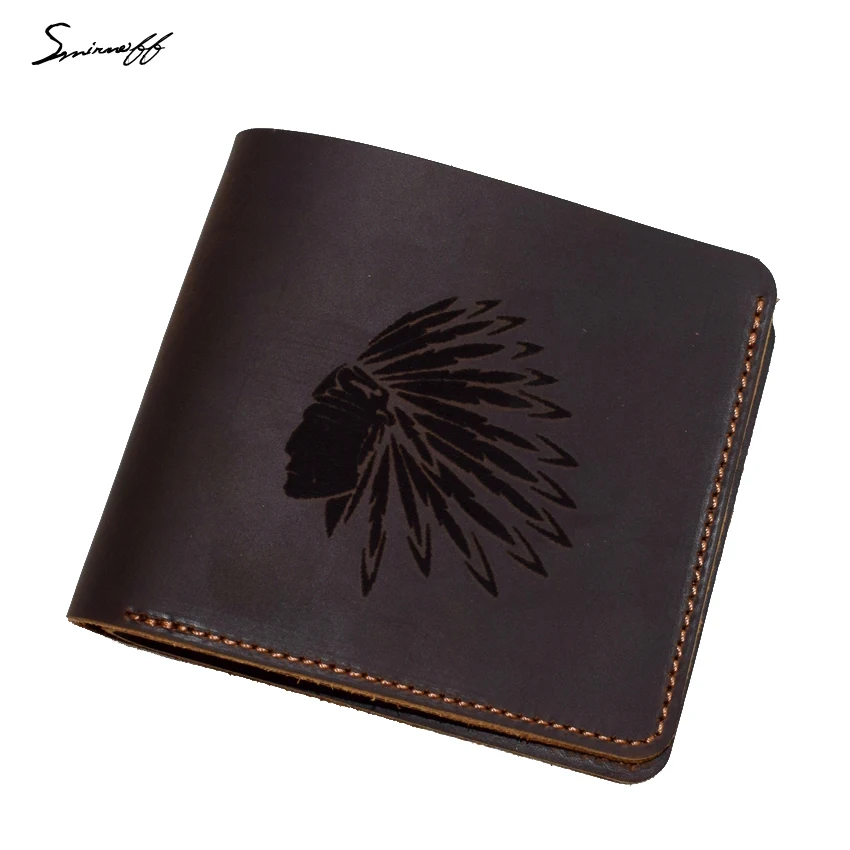 

Men Genuine Leather Wallet Card Purse Handmade Laser Engraving Indian Elder Portrait Dollar Wallet Male Slim Purse