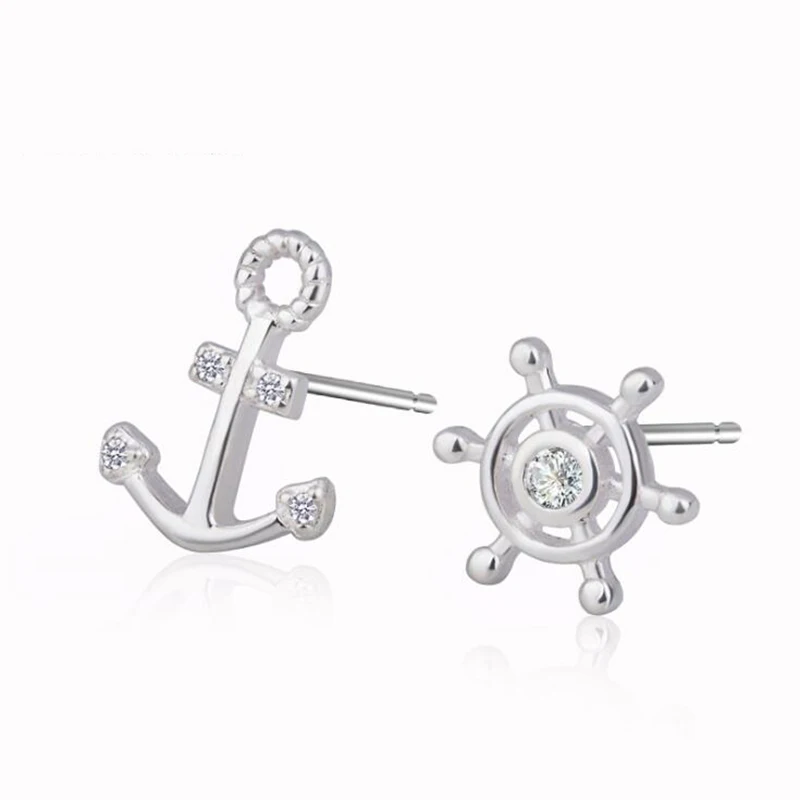 

Asymmetric Earring Temperament Boat Rudder Pirate Silver Crystal Stud Earrings for Women New Elegant Lady Anchor Trendy Jewelry