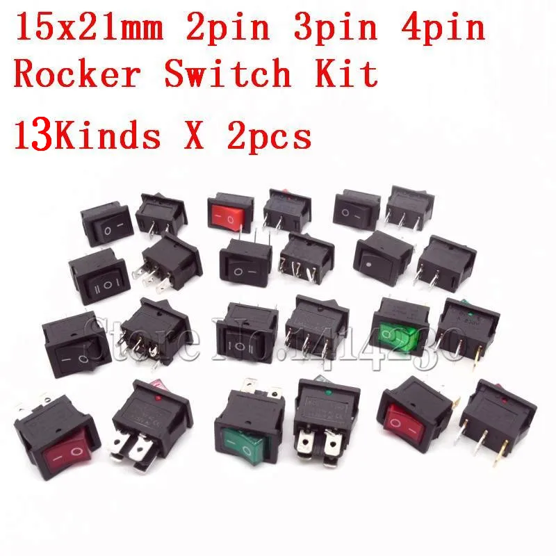 

26Pcs Ship Type Switch 15X21 KCD1-101 2Pin 3Pin 4Pin 6Pin 10A 125V 6A/250VAC ON-OFF ON-OFF-ON 15*21MM Rocker Switch Kit 13Kinds