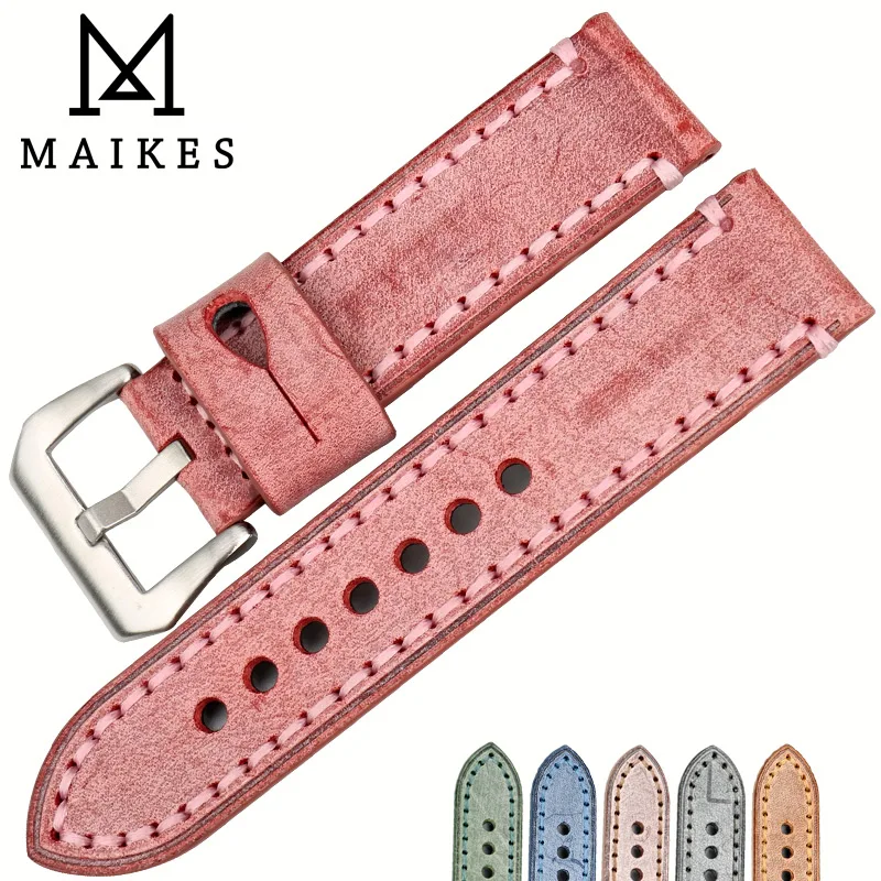 Ремешок для часов MAIKES из нержавеющей стали Красный винтажный кожаный браслет с