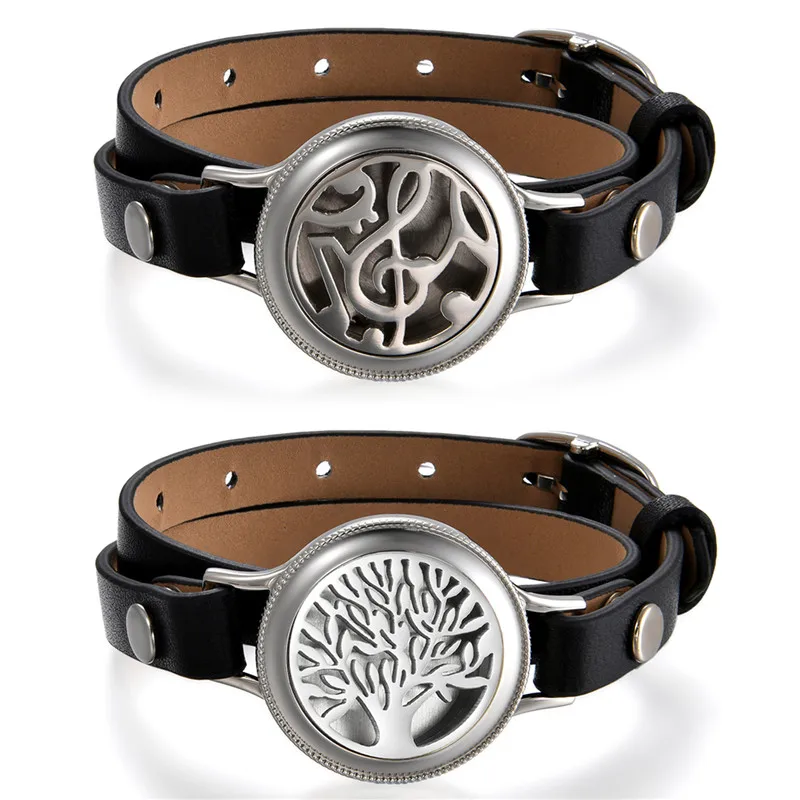 Boniskiss 2020 leather wrap bracelet 25mm Stainless Steel Essential Oil Diffuser Life Tree Locket Aromatherapy( 8 pads For Free) | Украшения