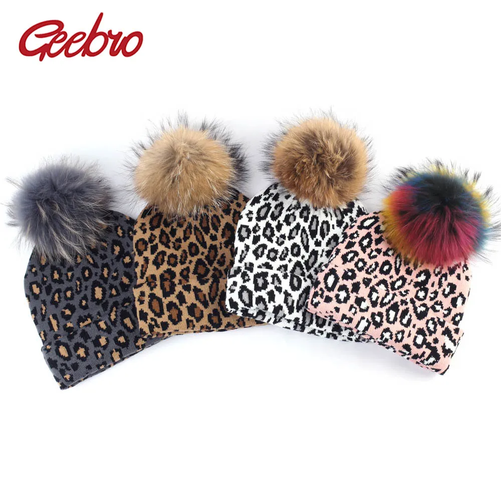 

Geebro Women's Leopard Beanie Hat with Pompom Winter Warm Leopard Slouchy Beanies with Raccoon Fur Pompom Femme Skullies&Beanie