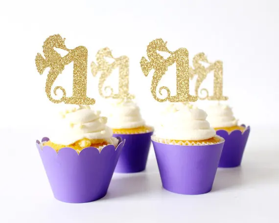 

custom number glitter seahorse cupcake toppers under the sea beach wedding Birthday Party decorations Supplies toothpicks