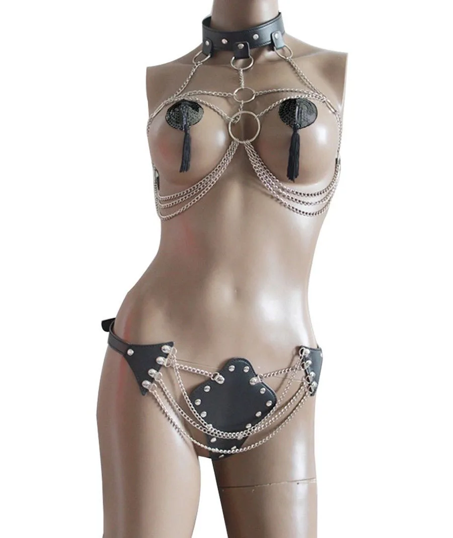 Сексуальный женский кожаный бюстгальтер с открытой грудью боди портупея цепь
