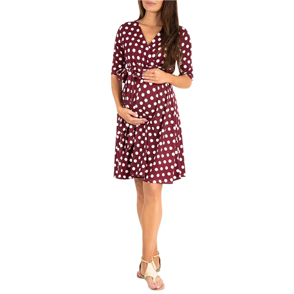 Фото Женские платья для беременных Повседневное платье в горошек с коротким рукавом и