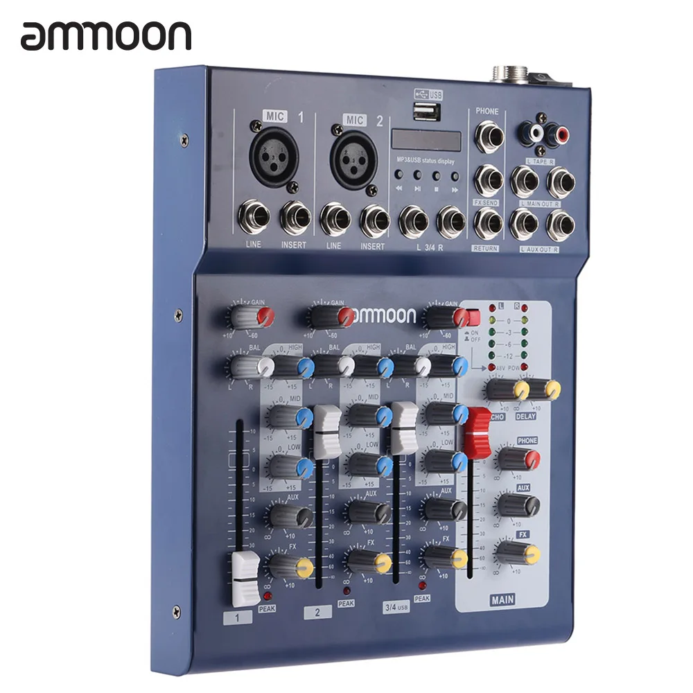 Ammoon F4 USB Цифровая микшерная консоль 3 канальный микрофонный линейный аудио Миксер