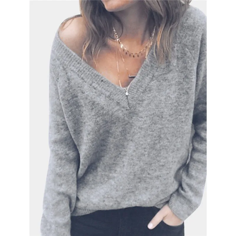 Women Fashion solid sweaters Casual backless ladies clothes long sleeve V Neck Loose Knitted Pullovers Female sexy knitwear Top
Women Fashion solid sweaters Casual backless ladies clothes long sleeve V Neck Loose Knitted Pullovers Female sexy knitwear Top