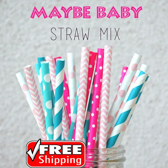 

200 Pcs Mix 4 Designs Maybe Baby Themed Paper Straws-Turquoise,Light Pink-Stripe,Dot,Chevron-Gender Reveal Party,Birthday,Cheap