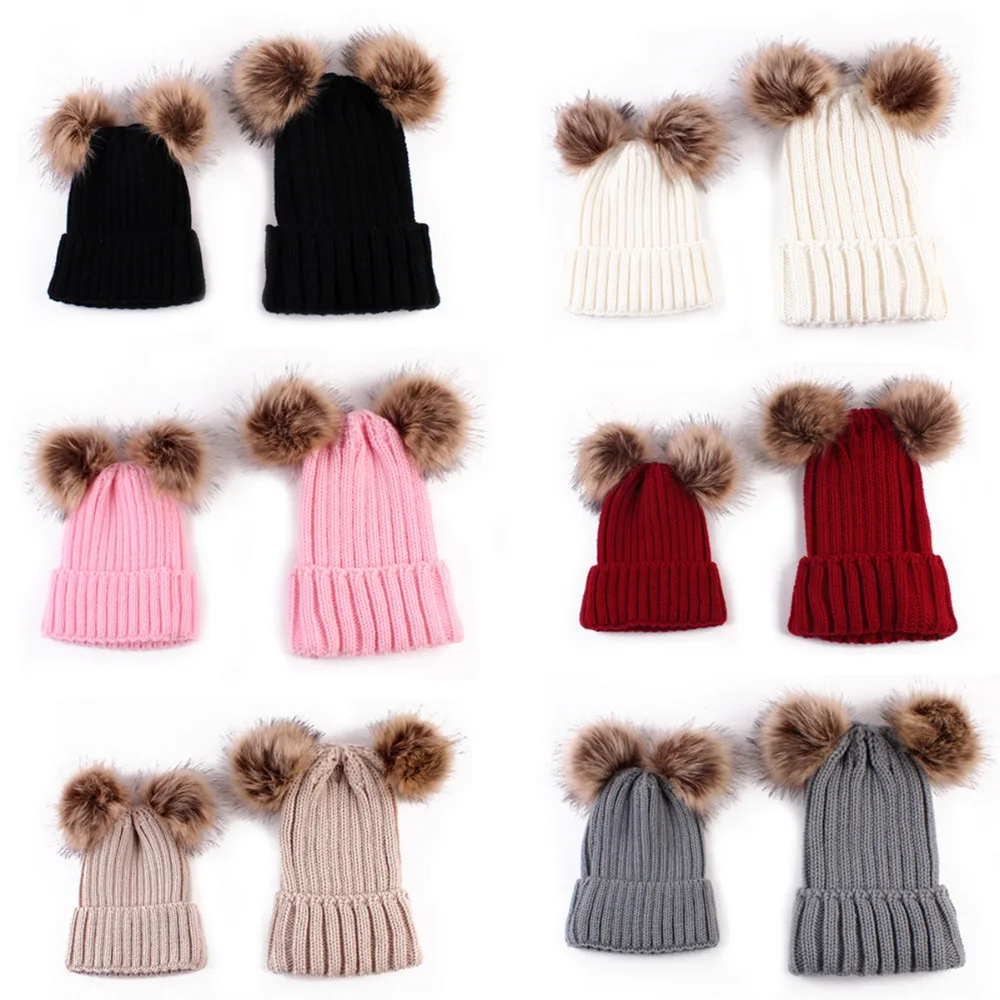 Black/Pink/Wine Red/Khaki/Beige/Grey Fashion Family Match Knit Hat Mother children Women Kid Winter Warm Crochet Cap 2pcs/set | Красота и