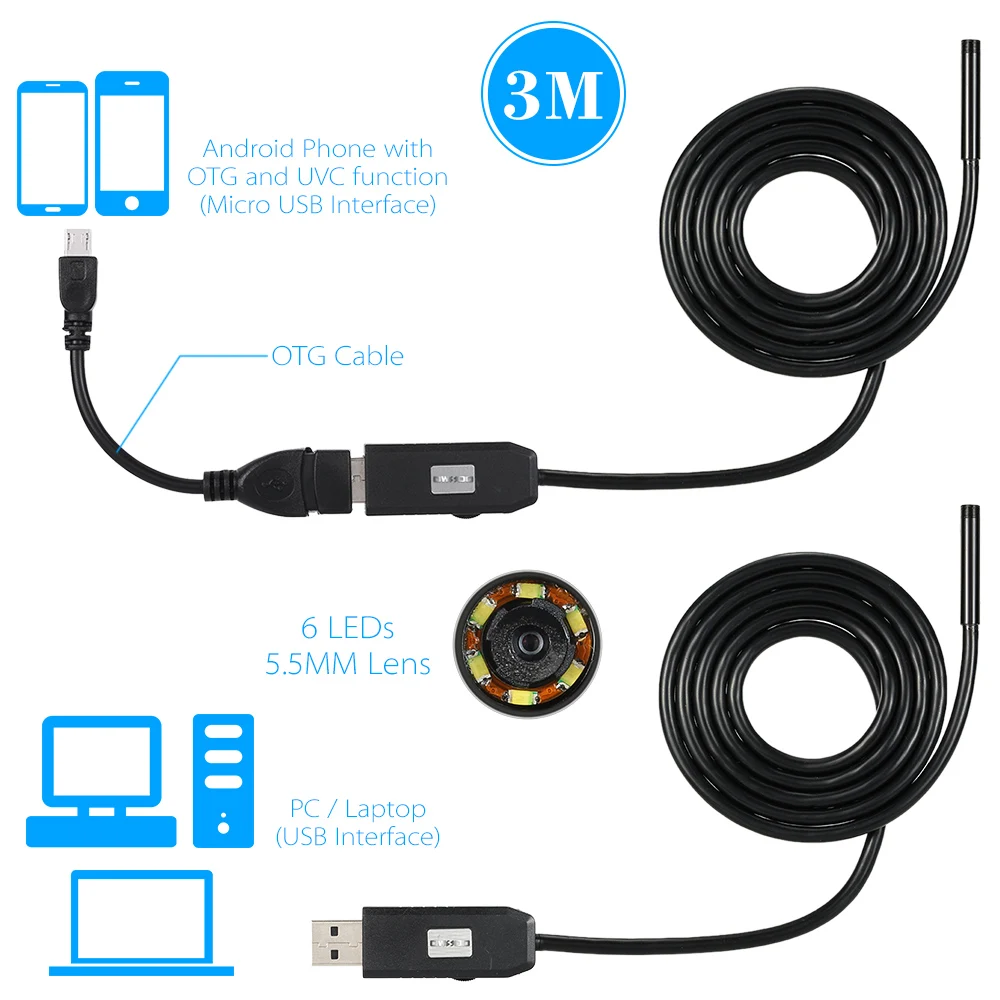 

Эндоскоп с объективом 5,5 мм, IP67 Водонепроницаемый Бороскоп для осмотра, USB провод, гибкая трубка, камера, 6 светодиодов, для OTG Android смартфонов