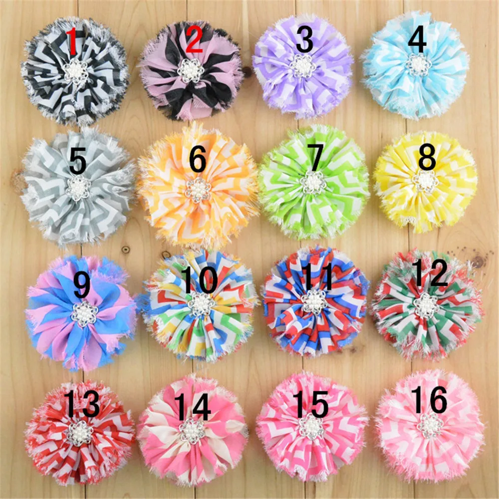 

Free shipping New Style 3.15" Chiffon Shabby Frayed Chevron Print Flowers with Pearl Rhinestone Buttons Center 30pcs/lot