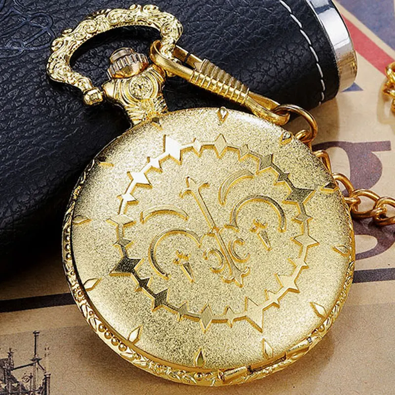 Luxury Golden Quartz Pocket Watch Laser Engraved Unique Geometry Flip Necklace Watches Clock With Fob Chain For Women Men Gifts
Luxury Golden Quartz Pocket Watch Laser Engraved Unique Geometry Flip Necklace Watches Clock With Fob Chain For Women Men Gifts