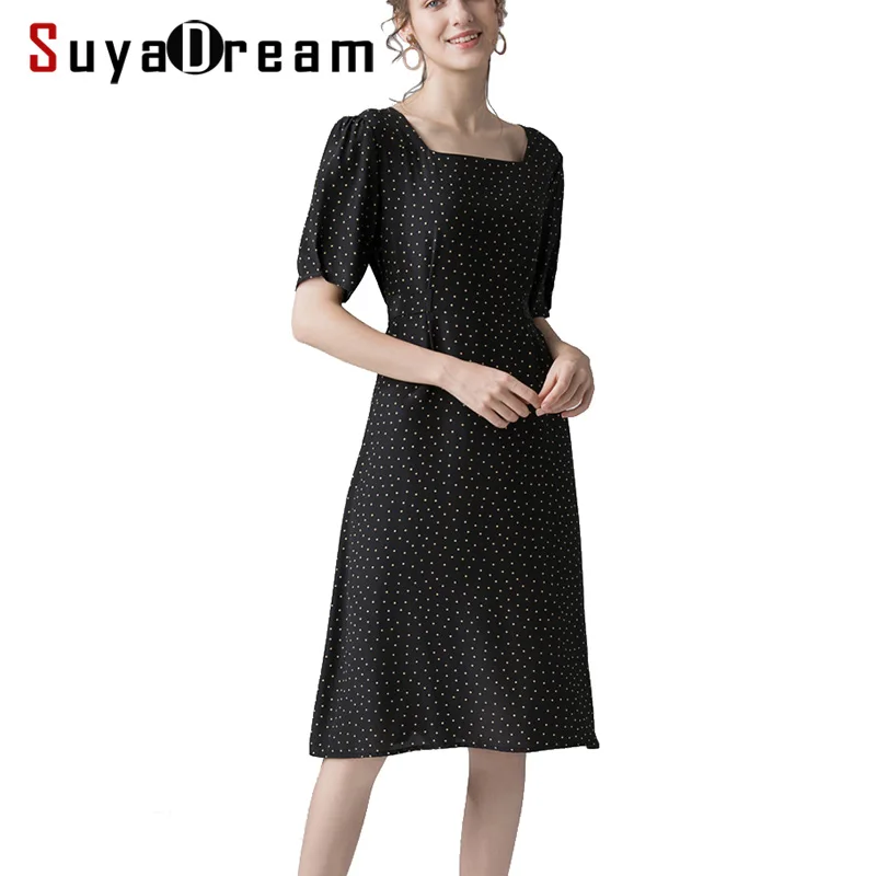 Women Dress 100%Natural Silk Crepe Black Dots Printed Square Collar Dresses for Women Short Sleeved 2022 Knee Length Dress
Women Dress 100%Natural Silk Crepe Black Dots Printed Square Collar Dresses for Women Short Sleeved 2022 Knee Length Dress