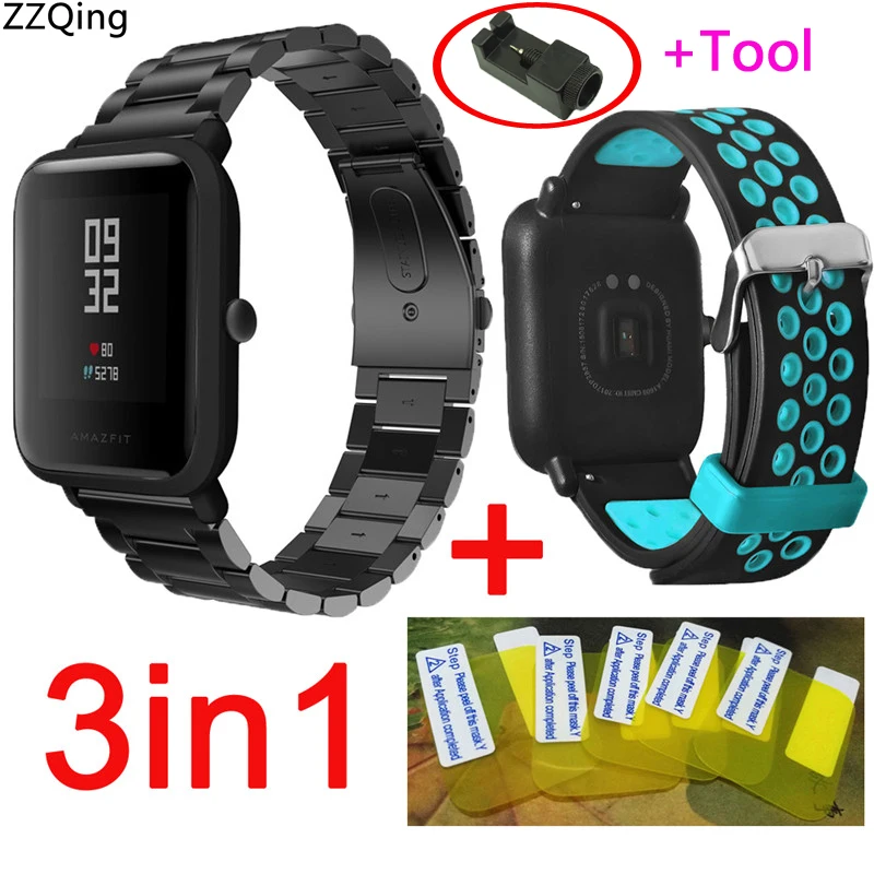 3 в 1 для Xiaomi Huami Amazfit Bip ремешок lite металлический браслет силиконовый ремень на