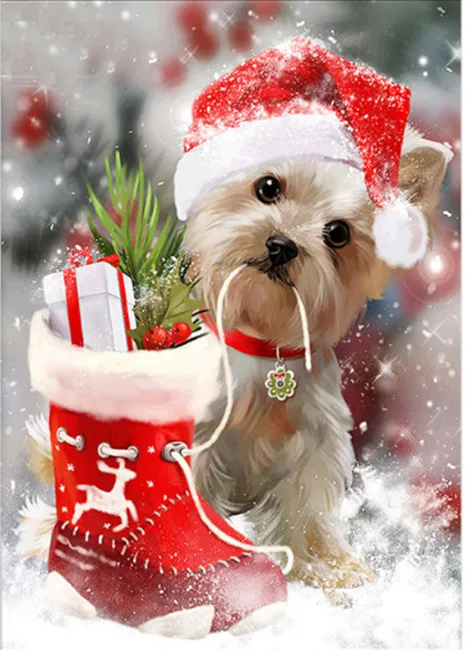 Домашний декор в виде картинки-рисунка 3D мозаики с подарком на Рождество и Новый год, вышитый алмазным вышиванием, с изображением мультяшного животного - собаки.