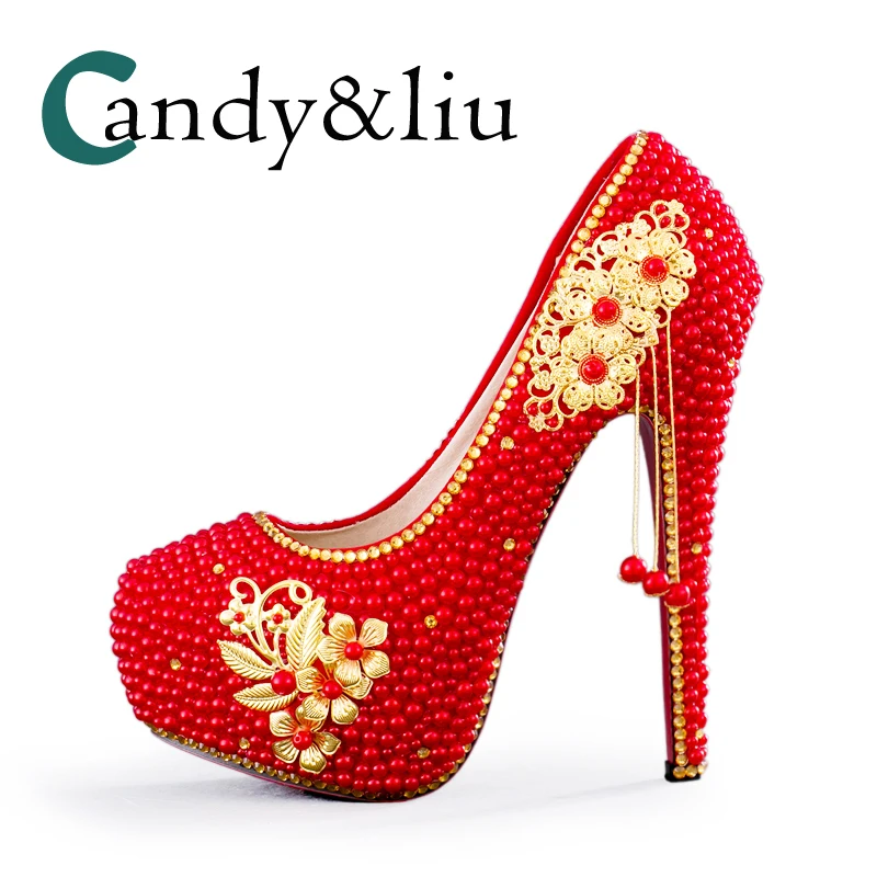 Red Super High Heel Bride Shoes Handmade Gold Flower Exquisite Tassel Crystal Pumps with Pearls Round Toe Royal Court Style
Red Super High Heel Bride Shoes Handmade Gold Flower Exquisite Tassel Crystal Pumps with Pearls Round Toe Royal Court Style