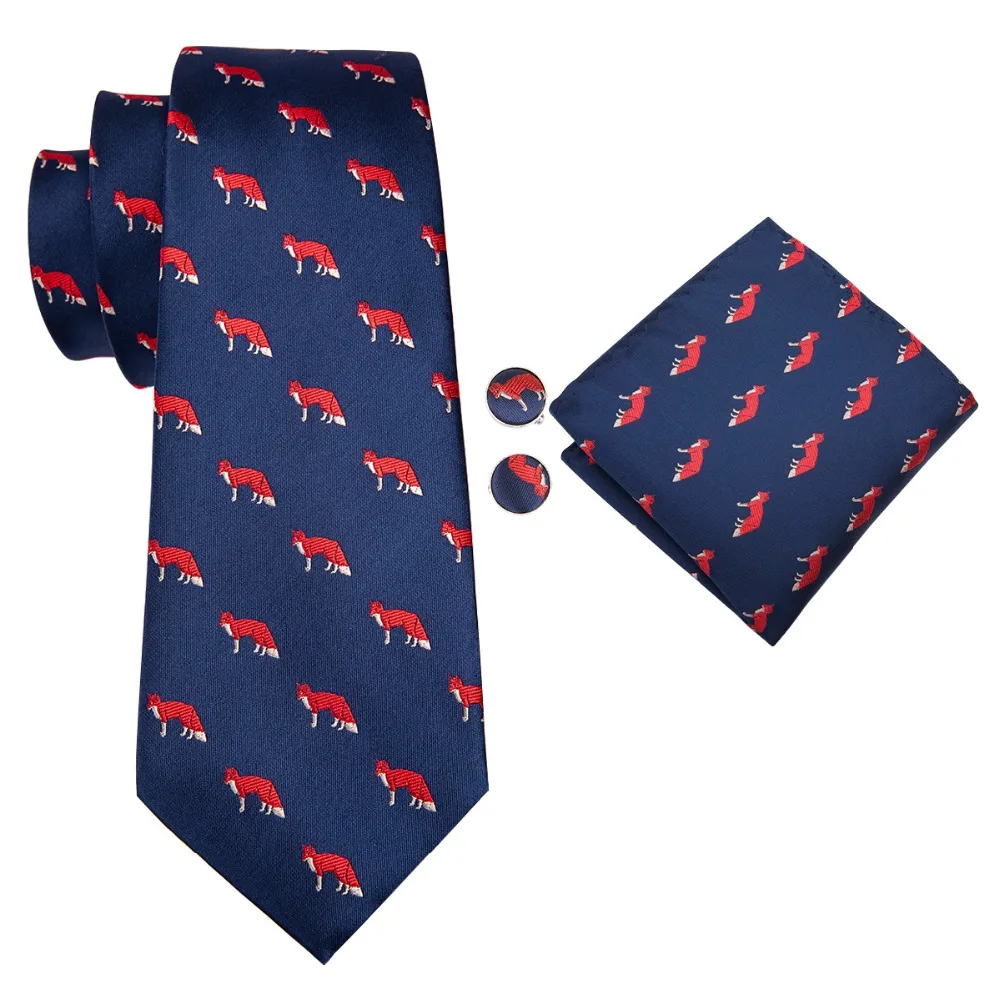 Hi-Tie Blue Animal Fox Tie Silk Necktie and Pocket Square Cufflinks Set Wedding Party Fashion Male for Men 8.5cm SN-3038 | Аксессуары