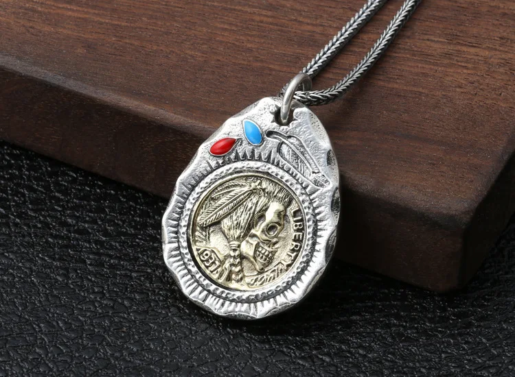 

S925 sterling silver jewelry popular Thai silver 1937 Indian chief retro inlaid personality men and women pendant