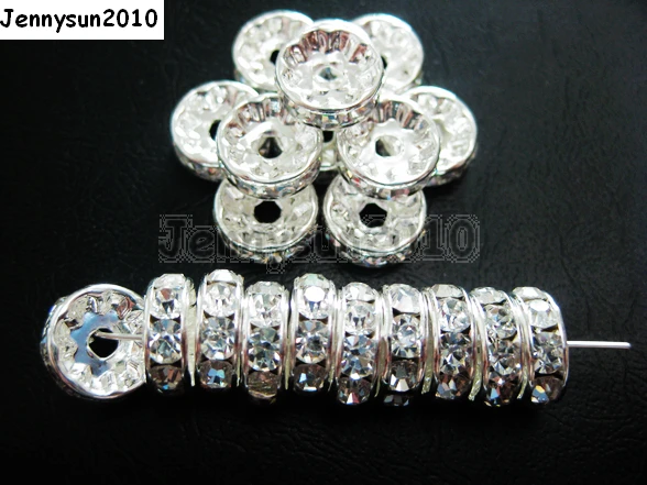

200pcs/lot 10mm Top Quality Czech Crystal Clear Rhinestone Pave Rondelle Metal Silver Plated Spacer Loose Beads Jewelry Making