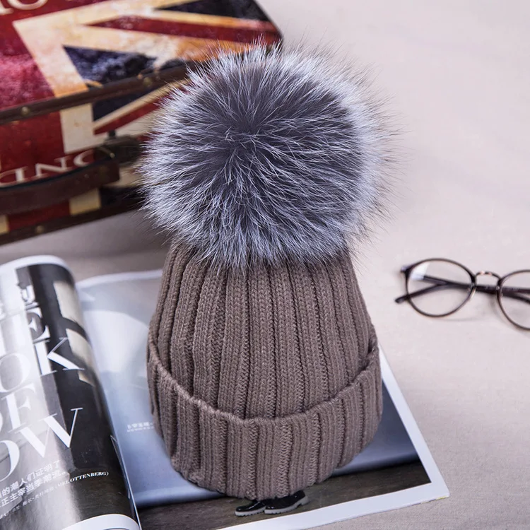 New Autumn Winter women cap real fox fur ball hat Pom poms 15CM knitted female thick protect ear warm Lady Beanies Headgear | Аксессуары