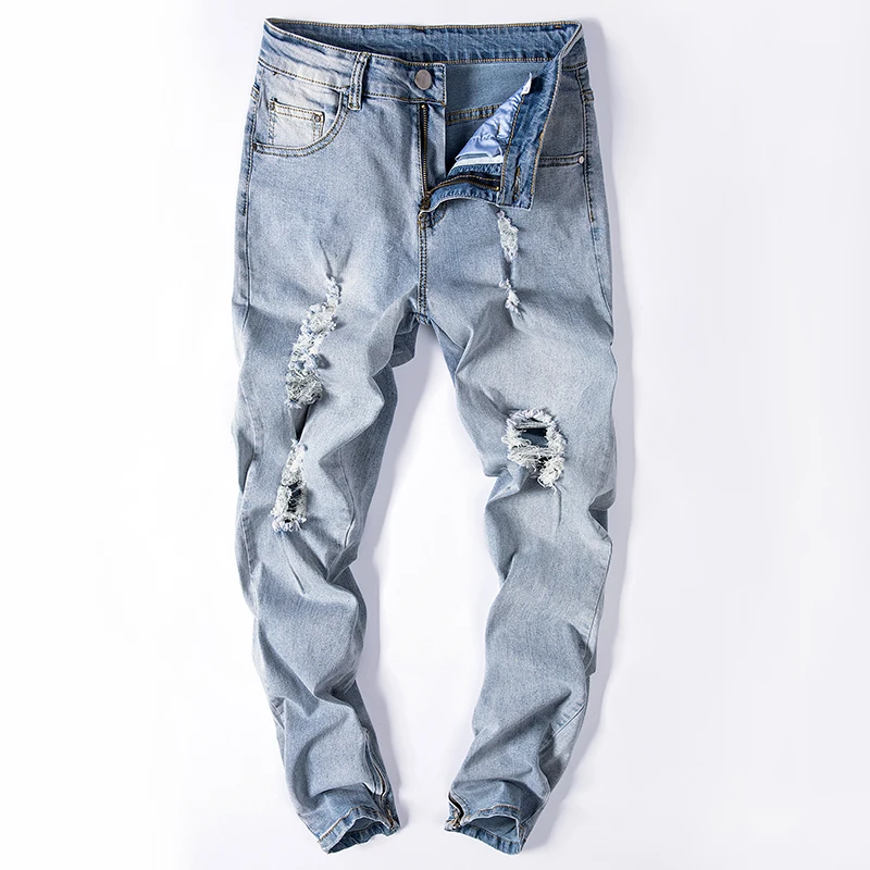 Уличные мужские джинсы 2017 на молнии с дырками облегающие модные штаны большого