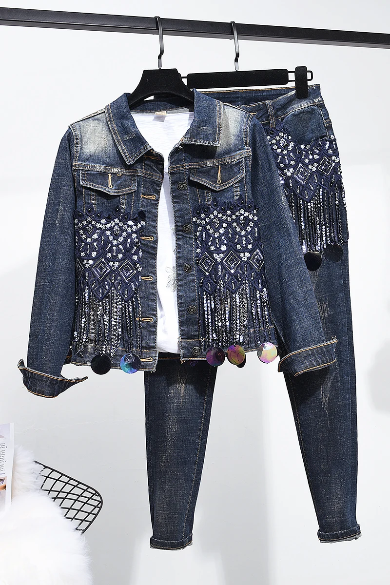 Beading Sequined Female Denim Fashion 2 piece set Women's Sets Long Sleeve Denim Jackets + Slim Pencil Jeans Female Suits
Beading Sequined Female Denim Fashion 2 piece set Women's Sets Long Sleeve Denim Jackets + Slim Pencil Jeans Female Suits