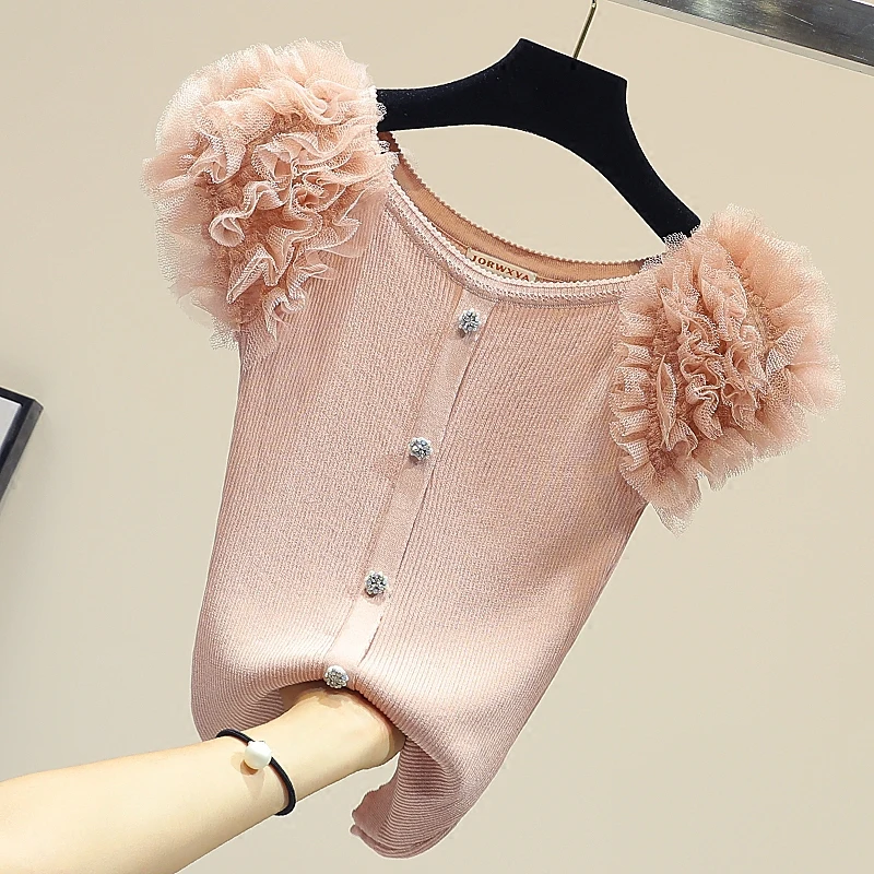 2021 Summer Fashion Ice Knit T Shirt Women's Slim Short-sleeved Button Gauze Ruffles Shoulder Knitted T-shirt Bottom Tops
2021 Summer Fashion Ice Knit T Shirt Women's Slim Short-sleeved Button Gauze Ruffles Shoulder Knitted T-shirt Bottom Tops
