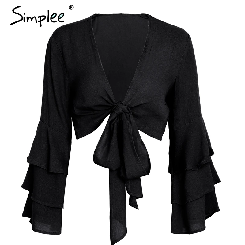 Женская блузка Simplee с запахом треугольным вырезом рюшами длинным рукавом рубашка
