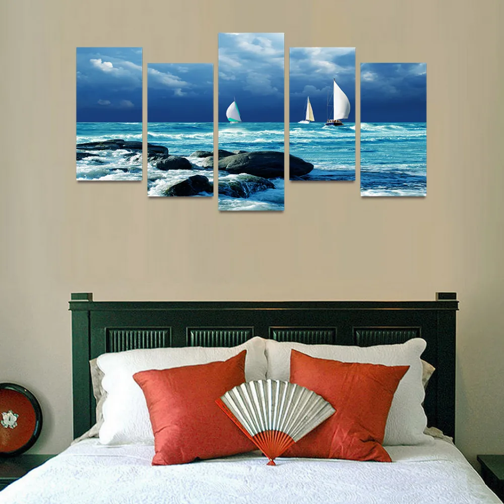 

Tableau Wall Art Pictures HD Printed Canvas 5 Panel Sail White Boats On Blue Ocean Modern Paintings Modular Posters Home Decor