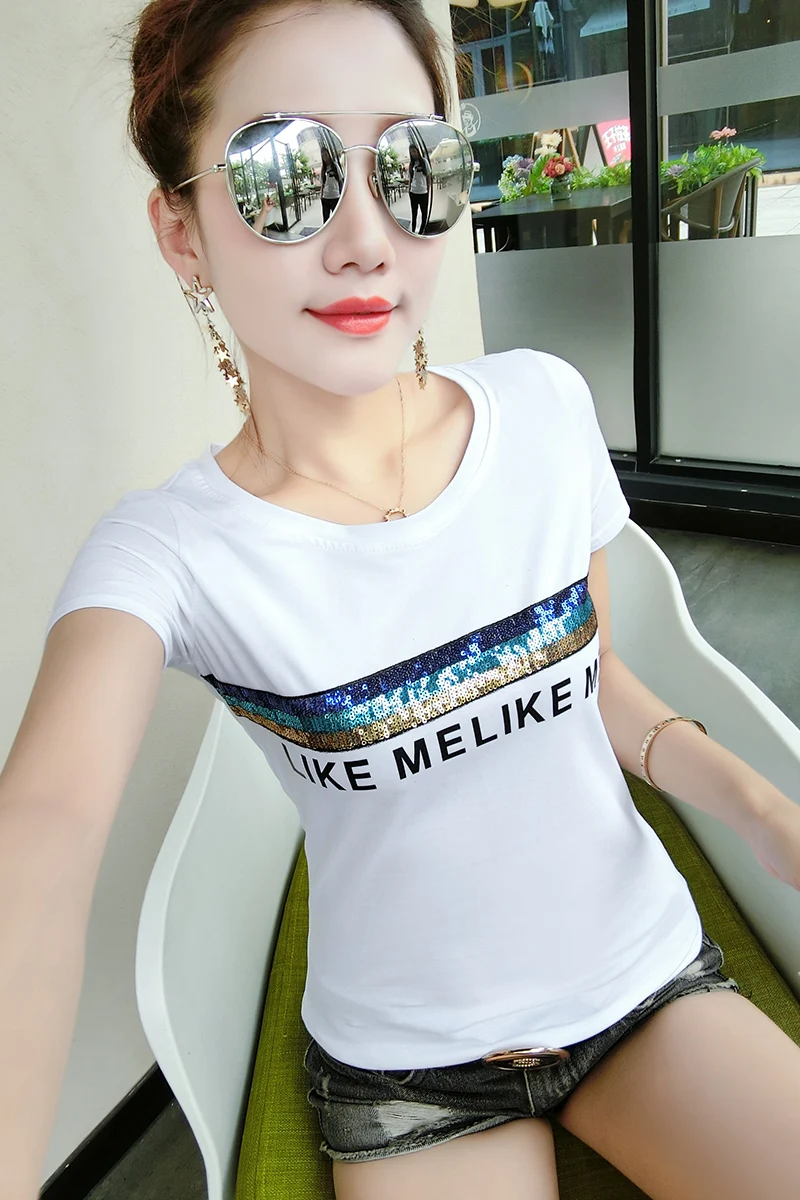 Fashion Summer T Shirt For Women Tops New Short-sleeved T-shirt Slim Cotton Sequins Letters Printed Women T-shirt
Fashion Summer T Shirt For Women Tops New Short-sleeved T-shirt Slim Cotton Sequins Letters Printed Women T-shirt