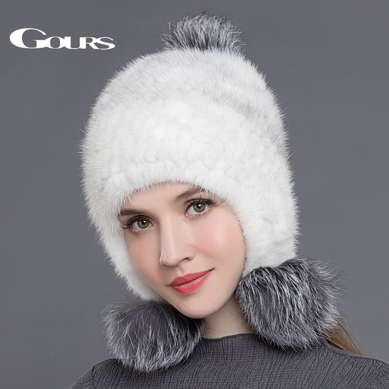 

Gours Real Mink Fur Hats for Women Knitted Pom Poms Beanies Fashion Thick Warm In Winter Caps with 3 Fox Fur Balls New Arrival