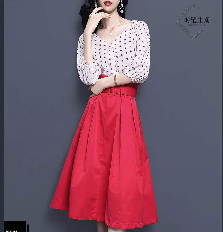 High-waisted red skirt suit for women 2023 new summer v-neck polka-dot two-piece shirt
High-waisted red skirt suit for women 2023 new summer v-neck polka-dot two-piece shirt