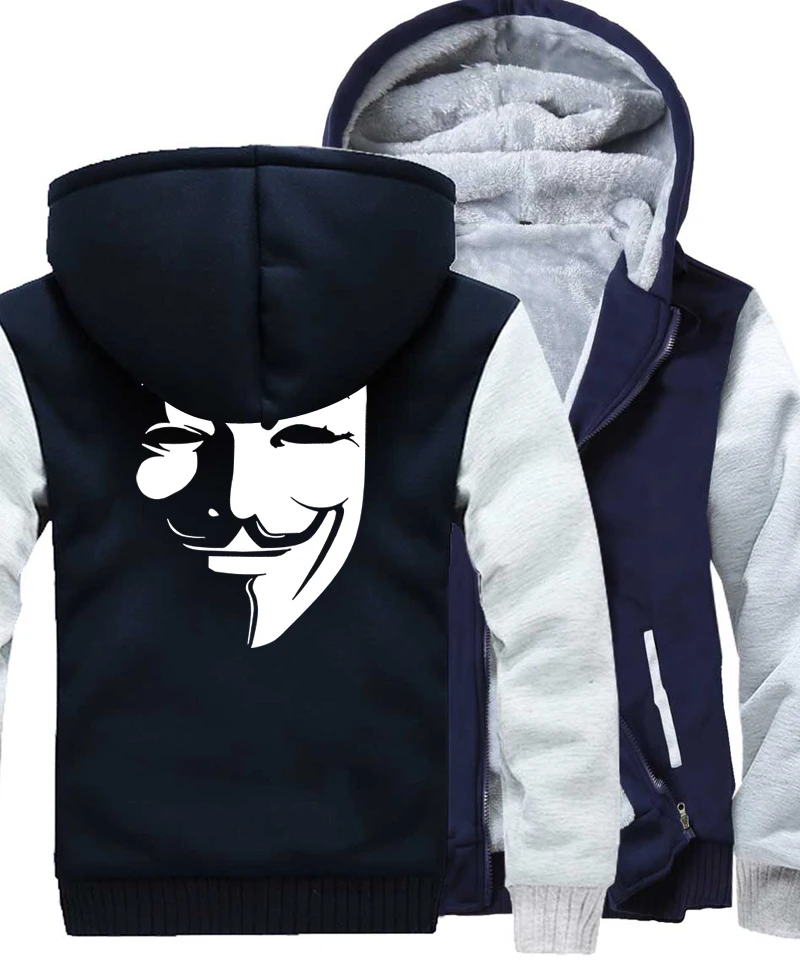 

Thick Hoodies For Winter 2018 New Hot Sale Sweatshirts Men Zipper Tracksuit Print V for Vendetta Harajuku Hoody Hip Hop Jackets