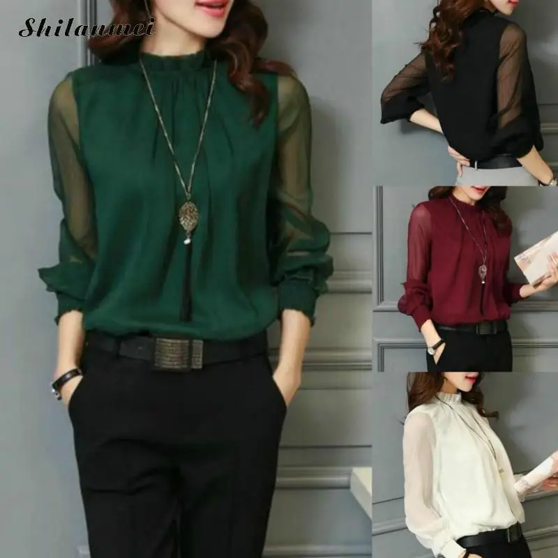 2018 New Women Chiffon Blouse Tops Long Mesh Sleeve Stand Neck Work Wear Shirts Elegant Lady Blouses Casual Solid Color Blusas
2018 New Women Chiffon Blouse Tops Long Mesh Sleeve Stand Neck Work Wear Shirts Elegant Lady Blouses Casual Solid Color Blusas