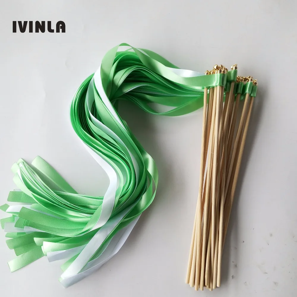 Hot Selling 50pcs/lot Green and White Wedding ribbon Wands with gold Bells for wedding decoration
Hot Selling 50pcs/lot Green and White Wedding ribbon Wands with gold Bells for wedding decoration