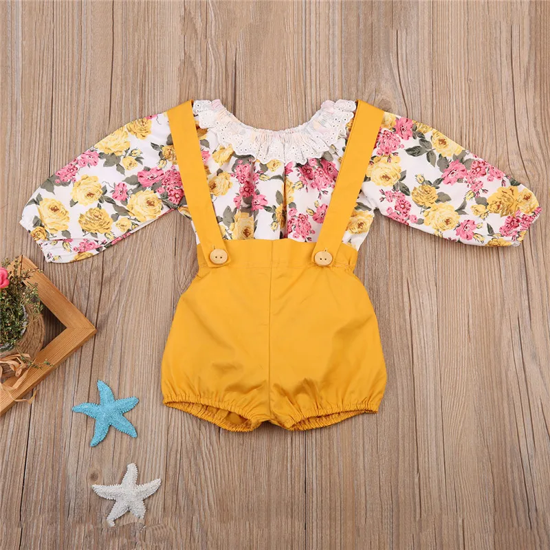 Infant Baby Girls Clothes Lace Collar Floral Shivering Romper Solid Yellow Suspender Shorts 2pcs Bebe Clothing Sets
Infant Baby Girls Clothes Lace Collar Floral Shivering Romper Solid Yellow Suspender Shorts 2pcs Bebe Clothing Sets