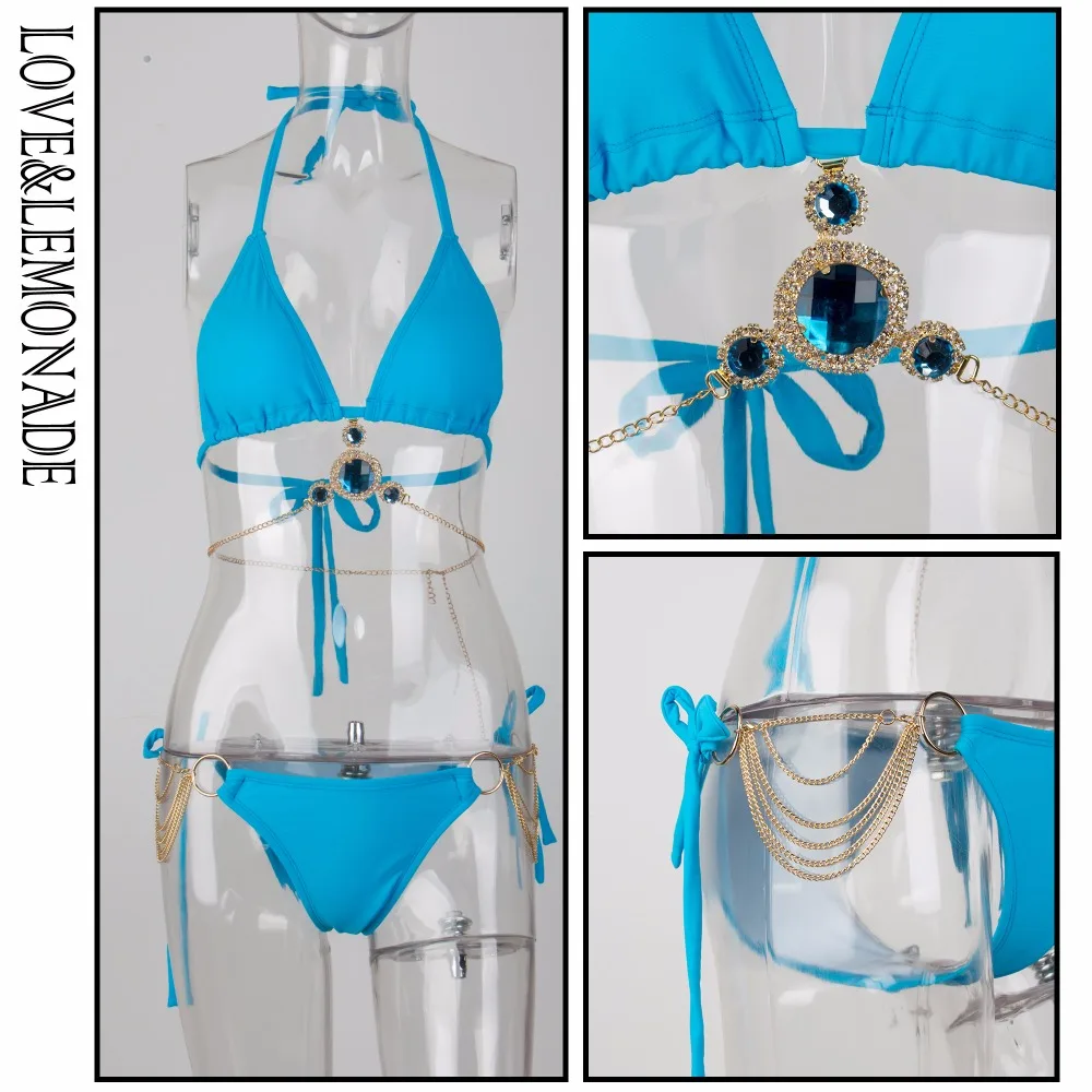 LOVE & LEMONADE Sky Blue Crystal Metal Chain Decoration Two-Pieces Sets LM1002