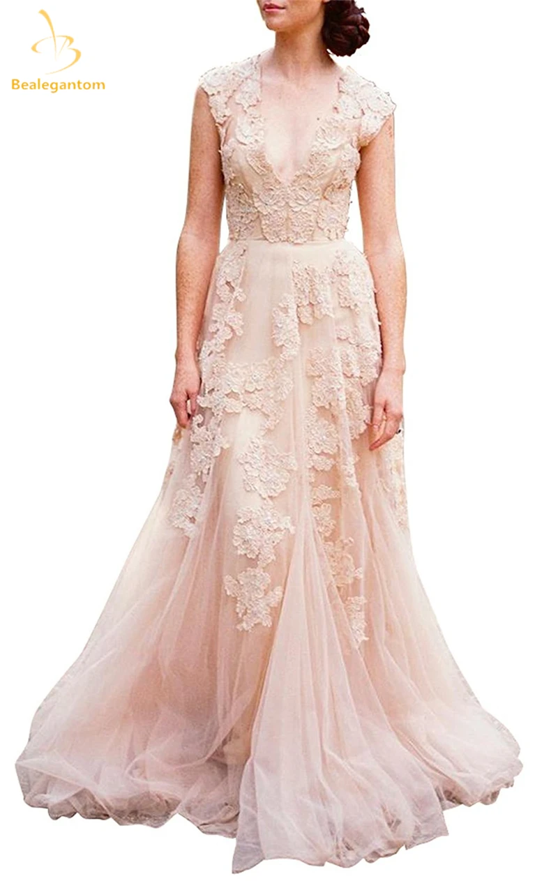 Bealegantom New Vintage Lace Wedding Dresses Champagne V-Neck Appliques Ruffles Cap Sleeve Bridal Gowns W33
Bealegantom New Vintage Lace Wedding Dresses Champagne V-Neck Appliques Ruffles Cap Sleeve Bridal Gowns W33