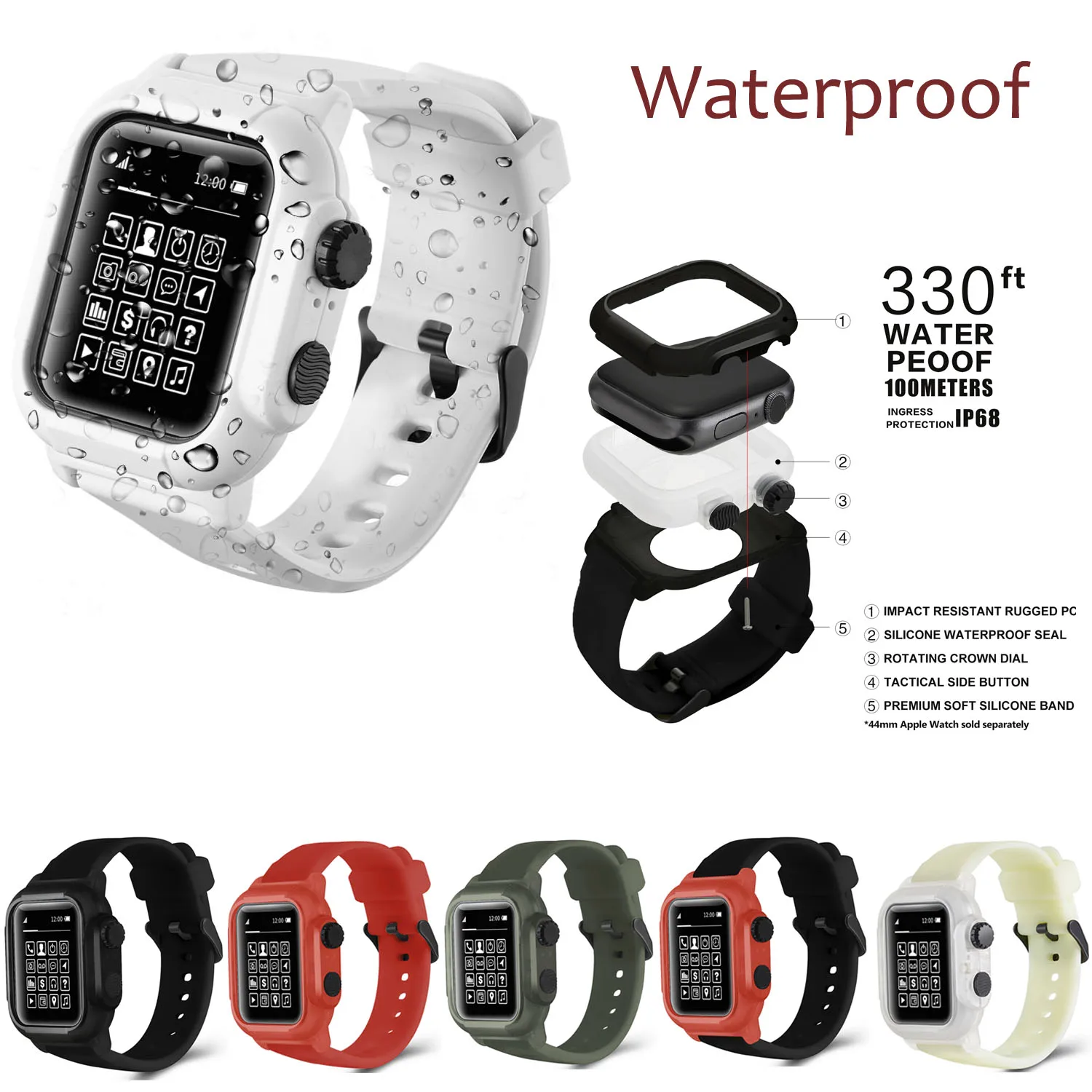 Для Apple Watch 4 5 Чехол 44 мм водонепроницаемый защитный чехол спортивный силиконовый
