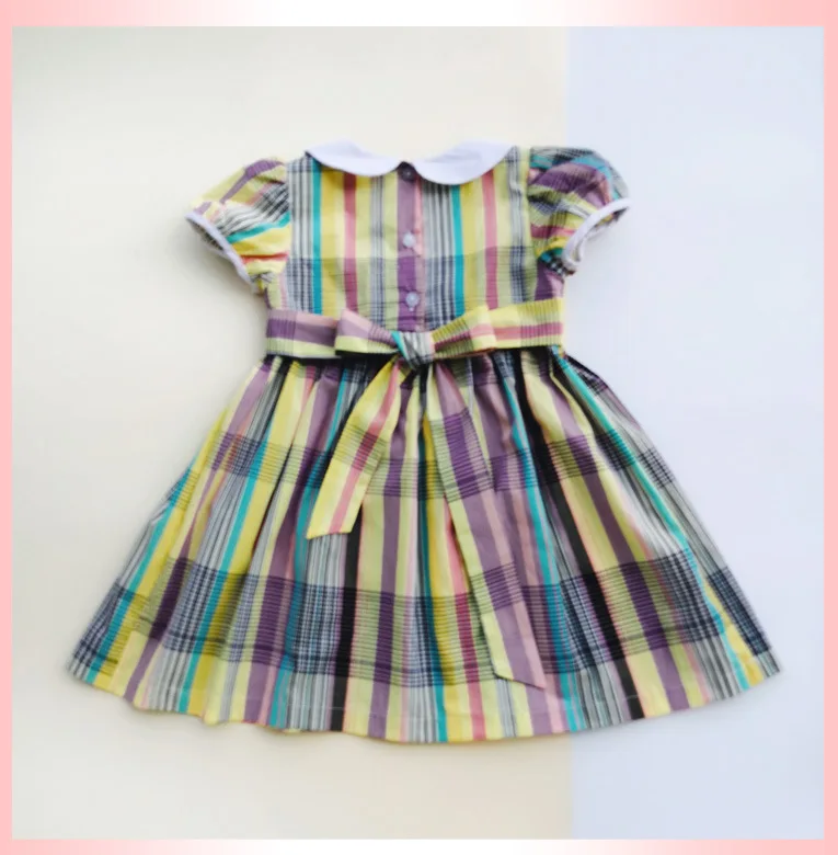 New Summer Kids Plaid Printed Short Peter Pan Collar England Handmade Smocking Belt Bowknot Girls 3-7yrs Princess Dresses | Детская