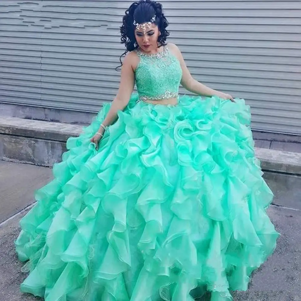 2015 Мятные платья для маскарада и Quinceanera бальное платье из 2 частей выпускного