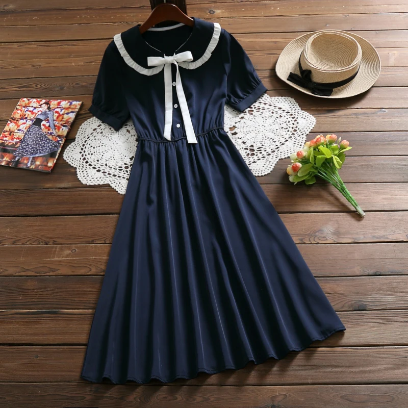 Mori girl elegant midi dress 2019 summer fashion peter pan collar short sleeve vintage dress women solid vestidos
Mori girl elegant midi dress 2019 summer fashion peter pan collar short sleeve vintage dress women solid vestidos