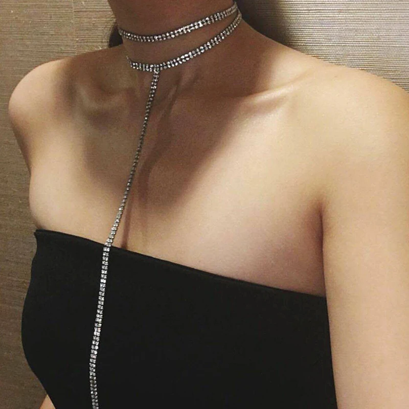 

LWONG Sexy Long Rhinestone Choker Necklace Jewelry Double-Strand Layered Choker Rhinestones Crystal Chokers Long Necklace Women