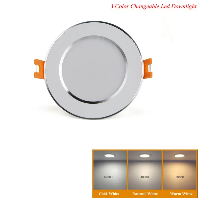 

Changeable LED Downlight 5W 7W 9W 12W Ceiling Recessed Light Silver Frame 3Color Change Warm Nature Cool White AC180-240V