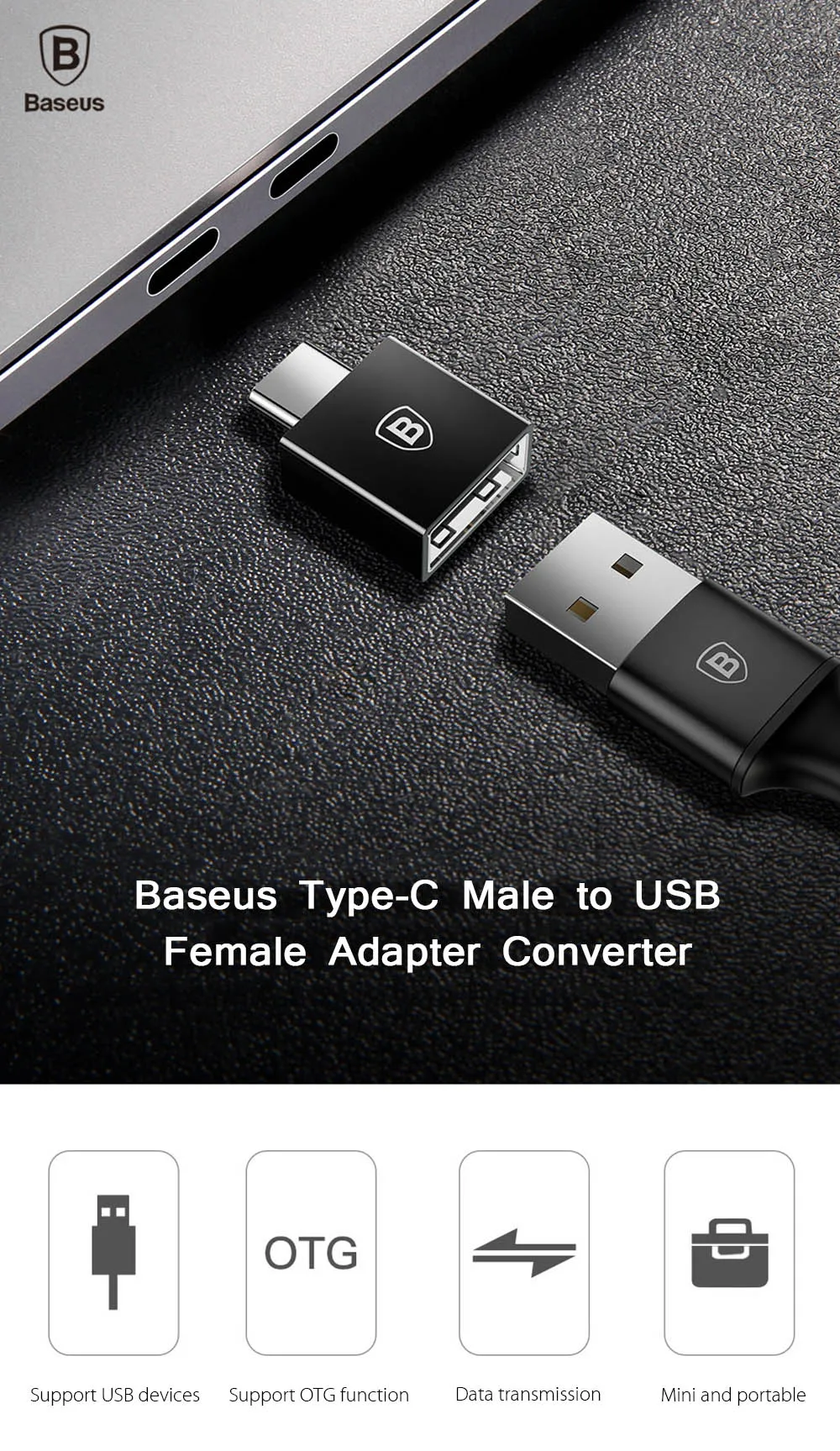 Baseus изысканный type-C Мужской к USB Женский адаптер OTG конвертер Черный 2.4A