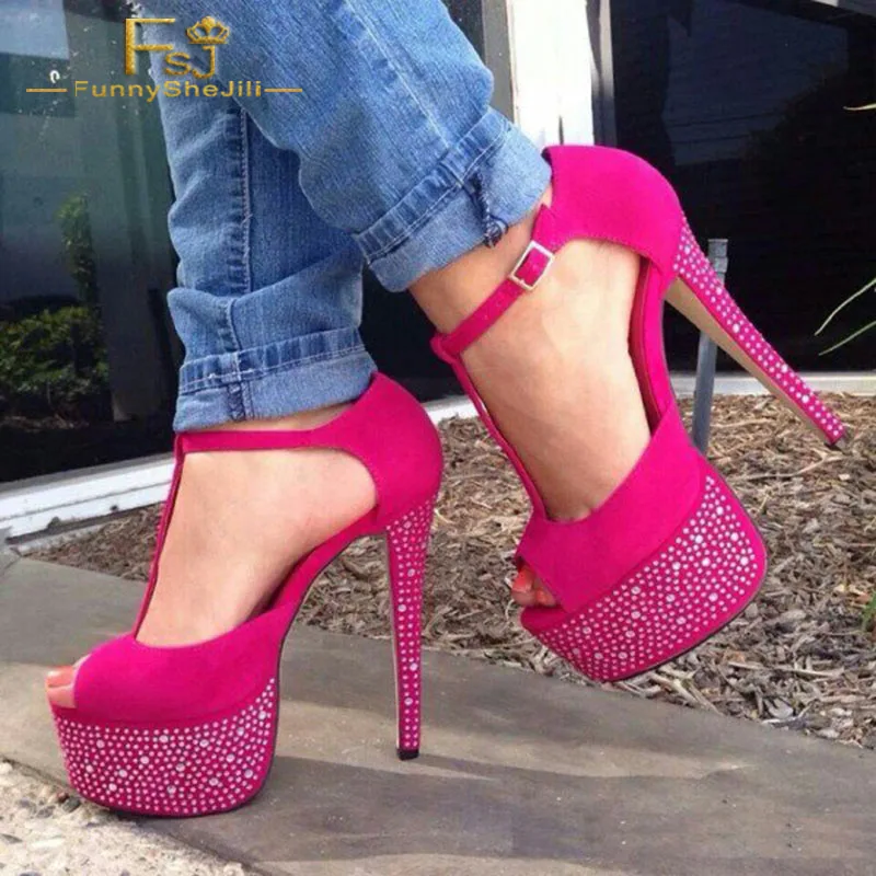Neon Pink Platform Super High Pumps 15 cm Stiletto Thin Heels Rhinestone T Strap Ankle Adjustable Buckle Flock Customization FSJ
Neon Pink Platform Super High Pumps 15 cm Stiletto Thin Heels Rhinestone T Strap Ankle Adjustable Buckle Flock Customization FSJ