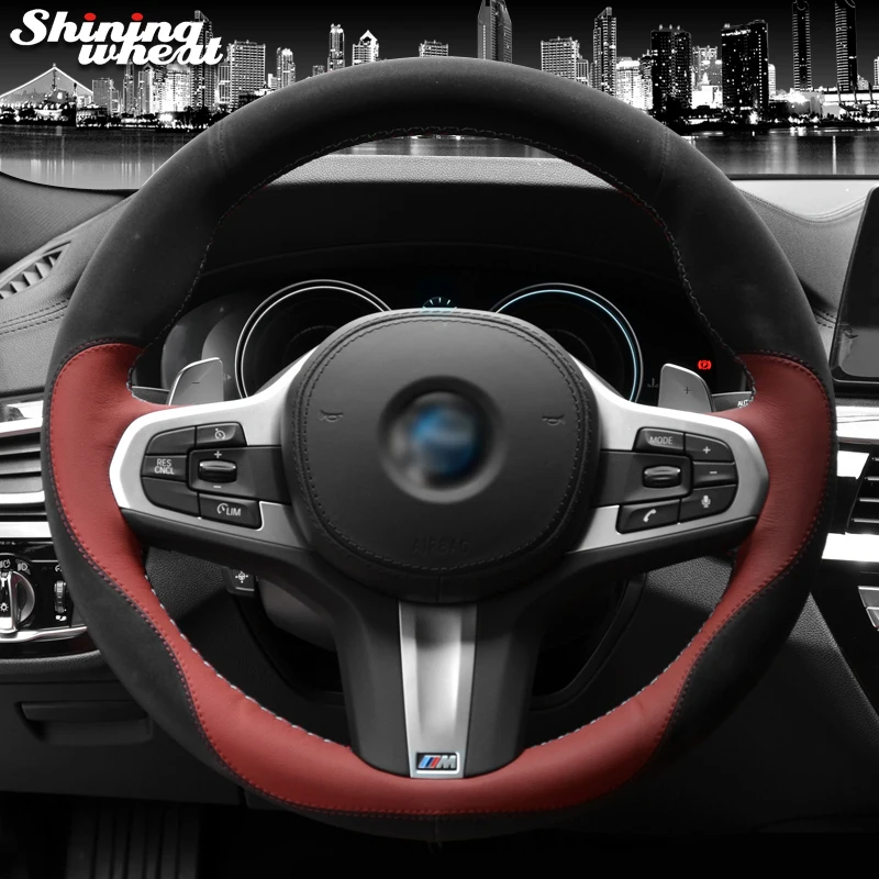 

Shining wheat Black Suede Red Leather Car Steering Wheel Cover for BMW G30 525i 530i 530d M550i M550d 2017 2018 G32 630i 640i M