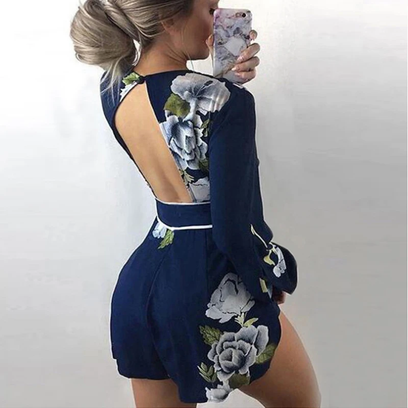 Женский комбинезон в стиле бохо синий с цветочным принтом V-образным вырезом и