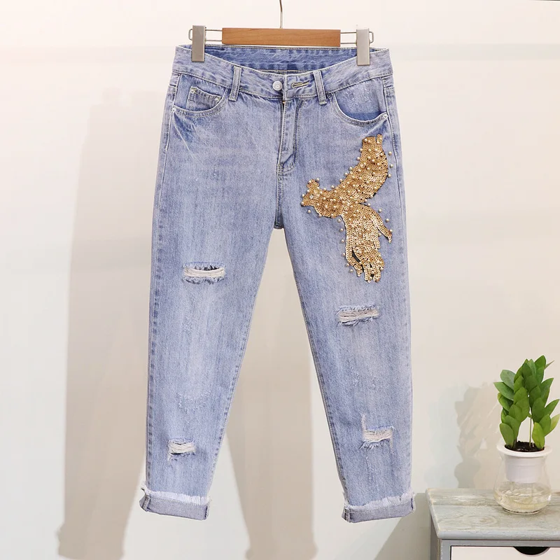 ALPHALMODA/Новинка блестящая футболка с короткими рукавами украшенная жемчугом и