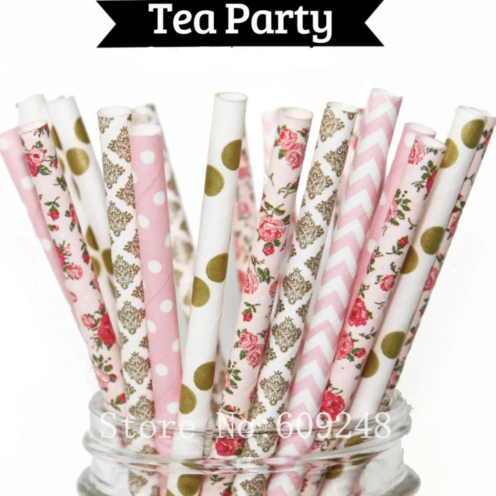 

125pcs Mix Colors Tea Party Paper Straws,Light Pink Swiss Dot,Chevron,Flower,Floral,Gold Polka Dot,Damask,Wedding,Bridal Shower